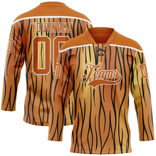 Custom Texas Orange Black-White Tiger Print Hockey Lace Neck Jersey - Main View