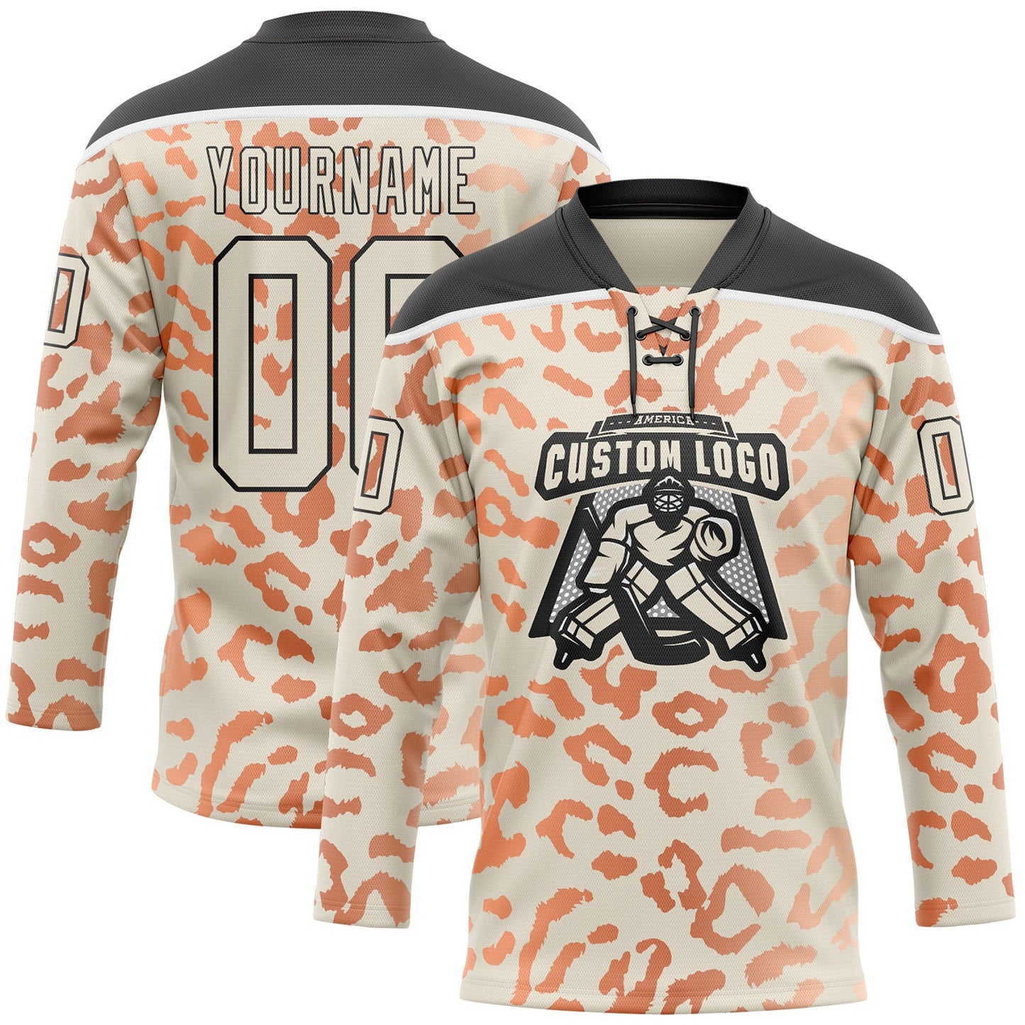 Custom Cream Orange Black-White Leopard Print Hockey Lace Neck Jersey view 2