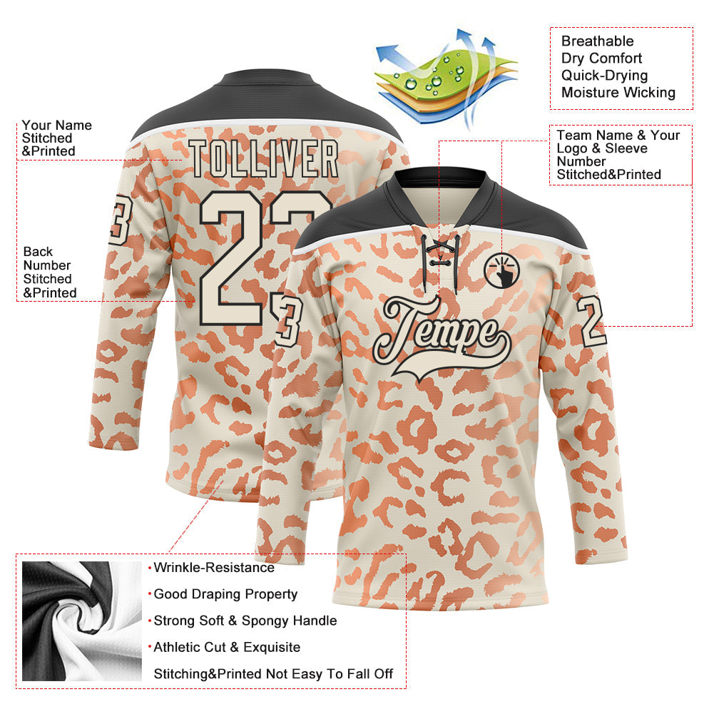 Custom Cream Orange Black-White Leopard Print Hockey Lace Neck Jersey view 5