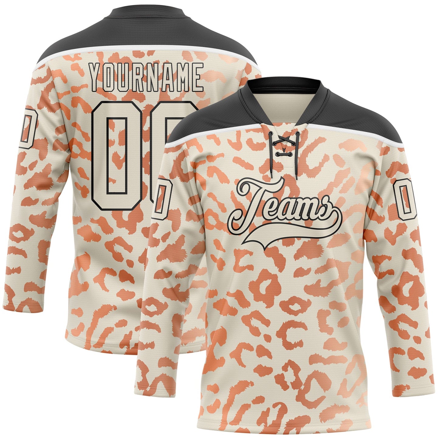 Custom Cream Orange Black-White Leopard Print Hockey Lace Neck Jersey - Main View