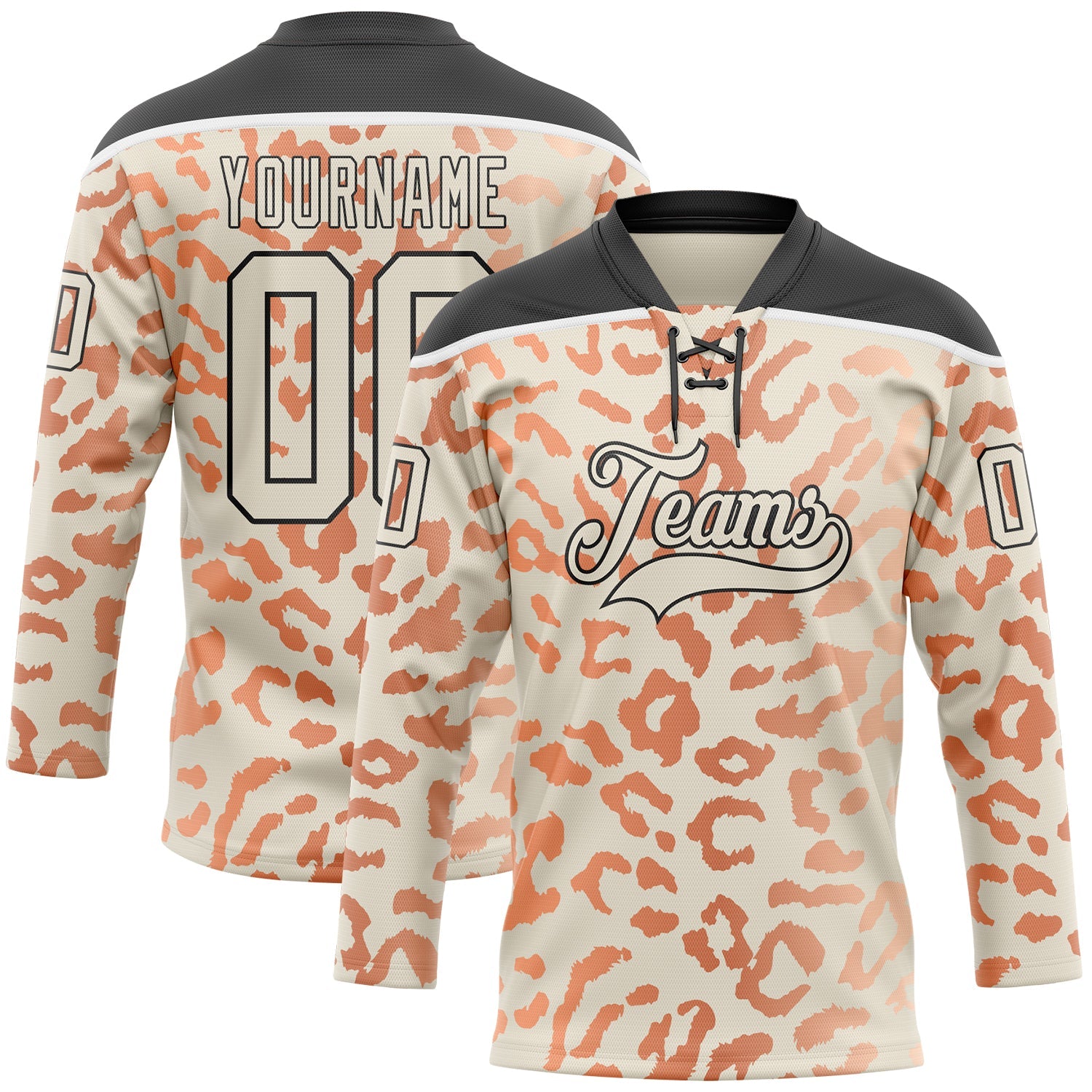 Custom Cream Orange Black-White Leopard Print Hockey Lace Neck Jersey - Main View