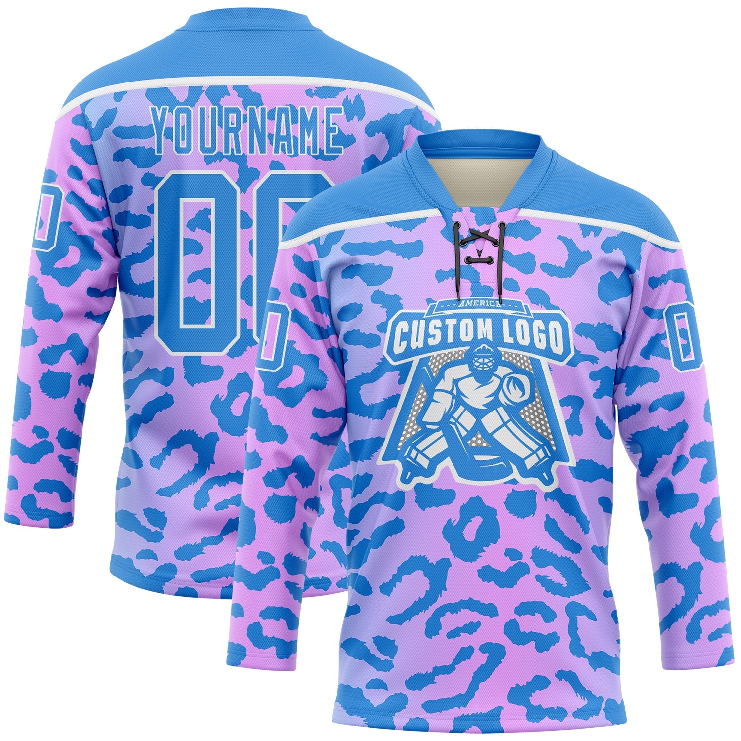 Custom Pink Powder Blue-White Leopard Print Neon Hockey Lace Neck Jersey view 2