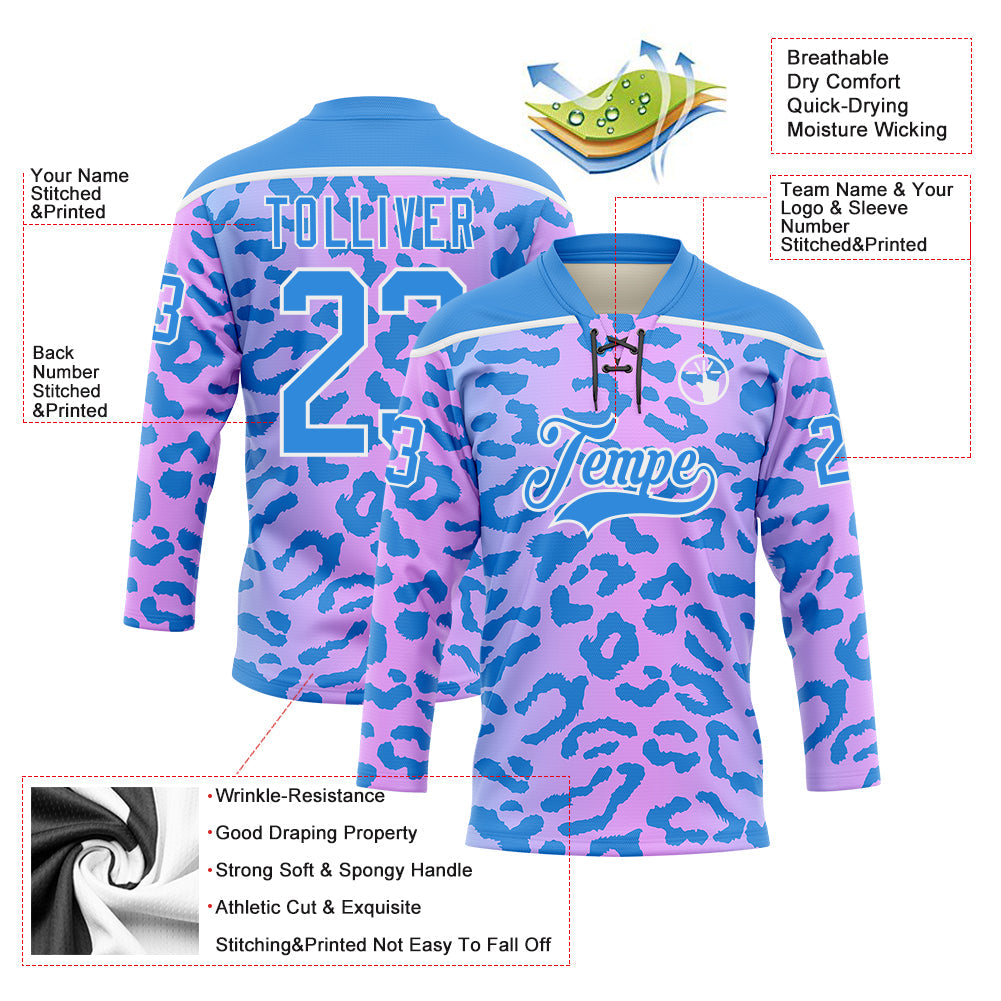 Custom Pink Powder Blue-White Leopard Print Neon Hockey Lace Neck Jersey view 5