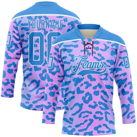 Custom Pink Powder Blue-White Leopard Print Neon Hockey Lace Neck Jersey - Main View