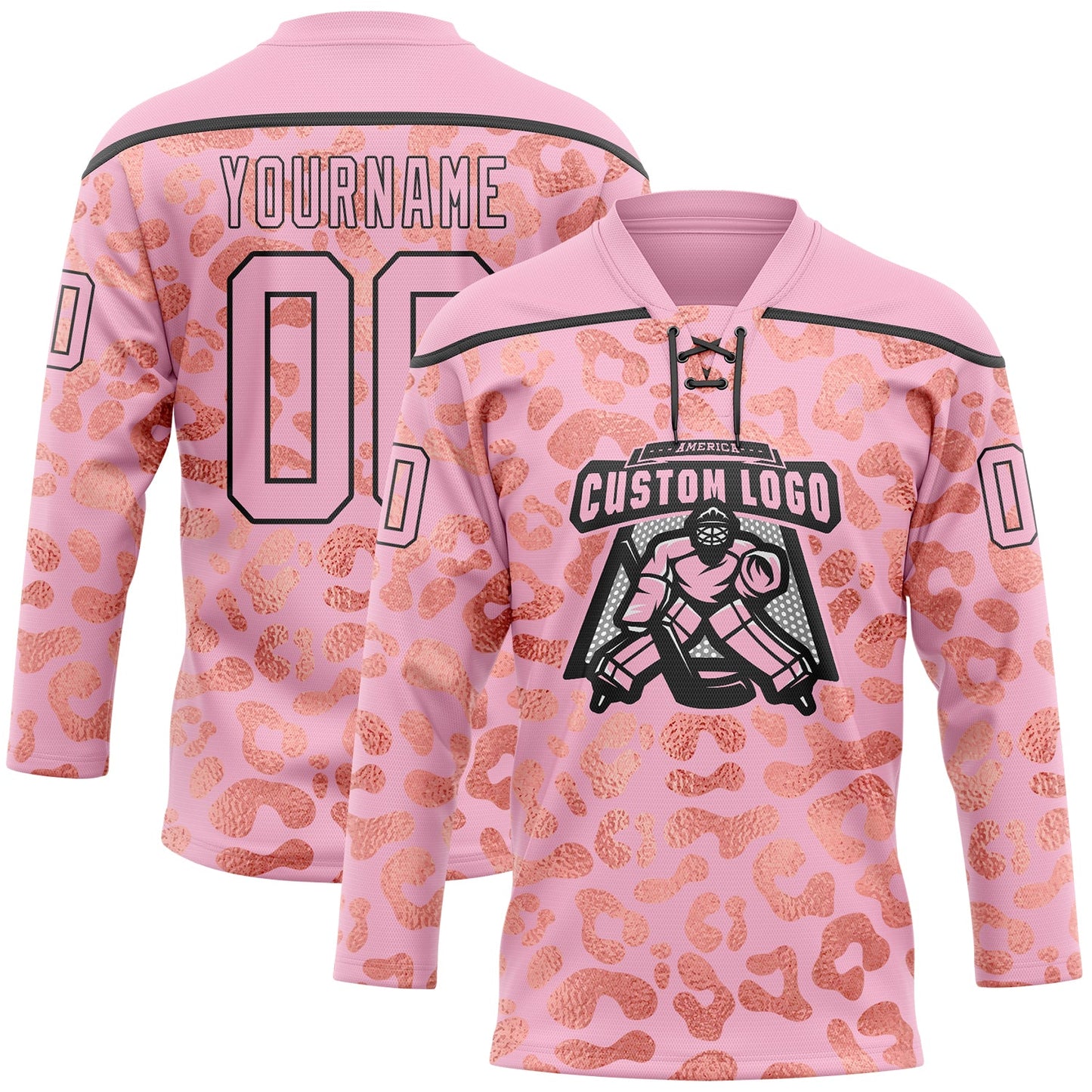 Custom Light Pink Black Leopard Print Neon Hockey Lace Neck Jersey view 2