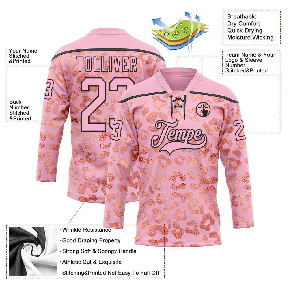 Custom Light Pink Black Leopard Print Neon Hockey Lace Neck Jersey view 5