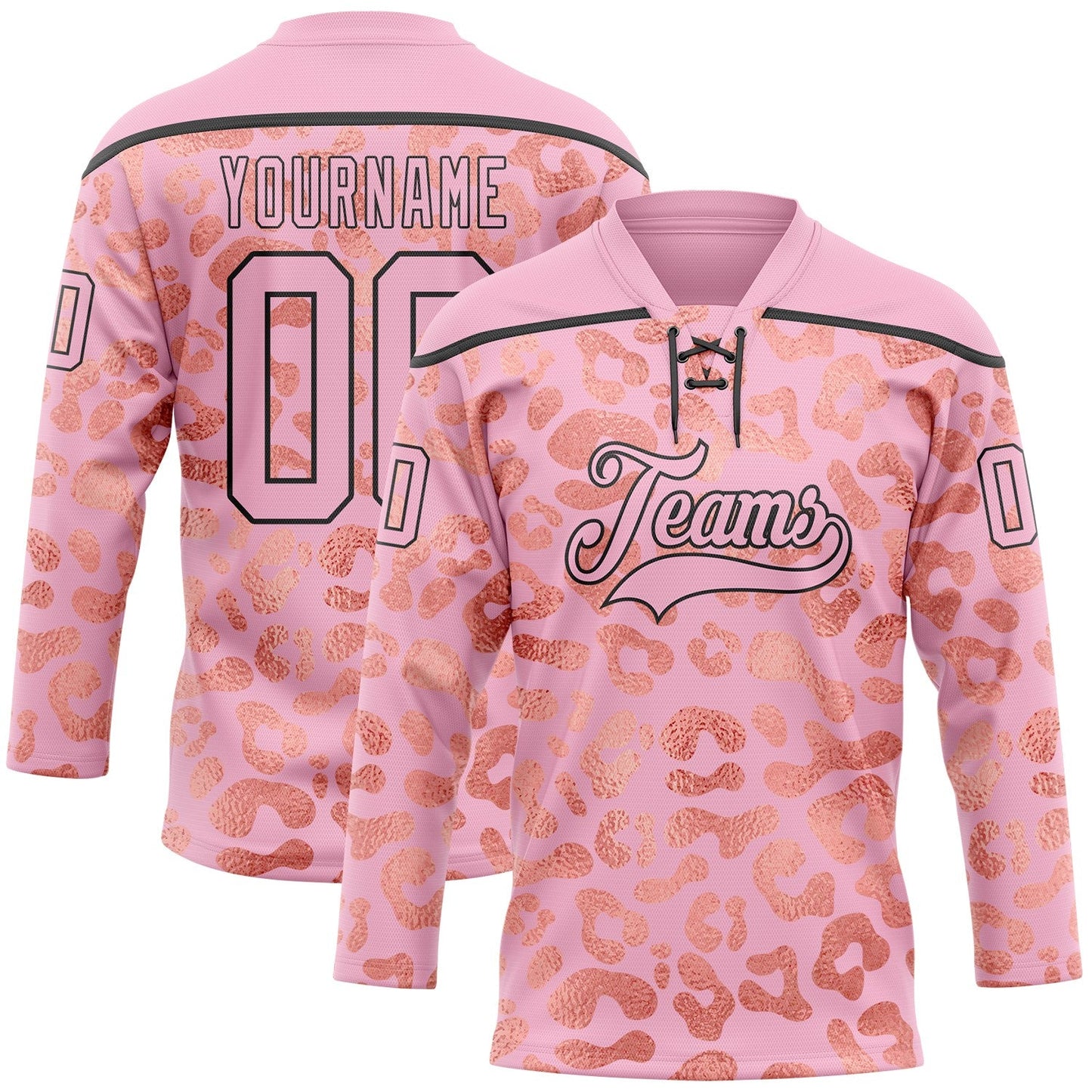 Custom Light Pink Black Leopard Print Neon Hockey Lace Neck Jersey - Main View