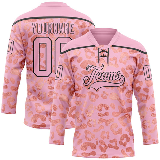 Custom Light Pink Black Leopard Print Neon Hockey Lace Neck Jersey - Main View