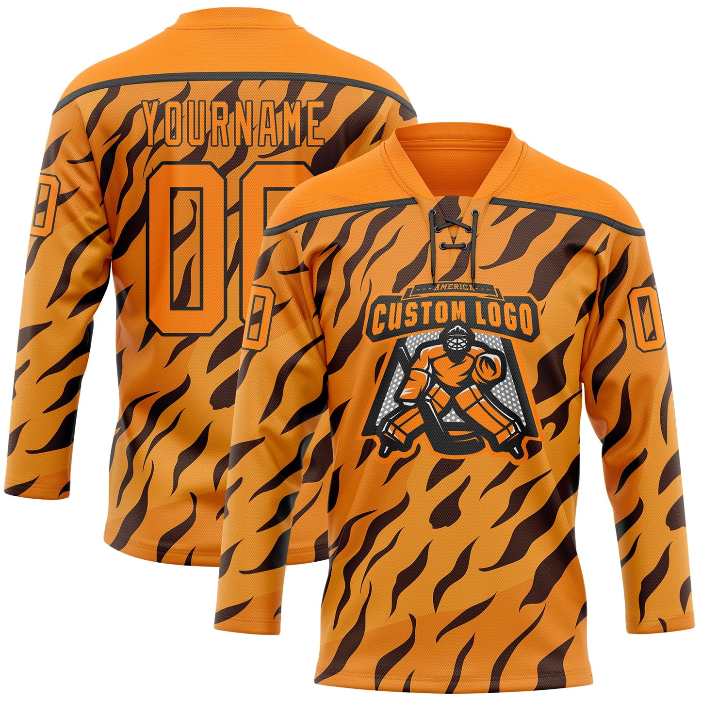 Custom Bay Orange Black Tiger Print Neon Hockey Lace Neck Jersey view 2