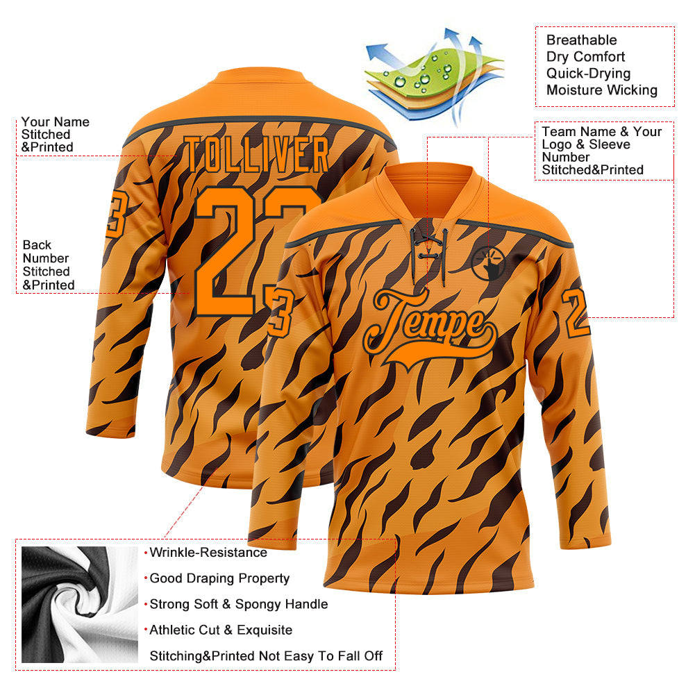 Custom Bay Orange Black Tiger Print Neon Hockey Lace Neck Jersey view 5