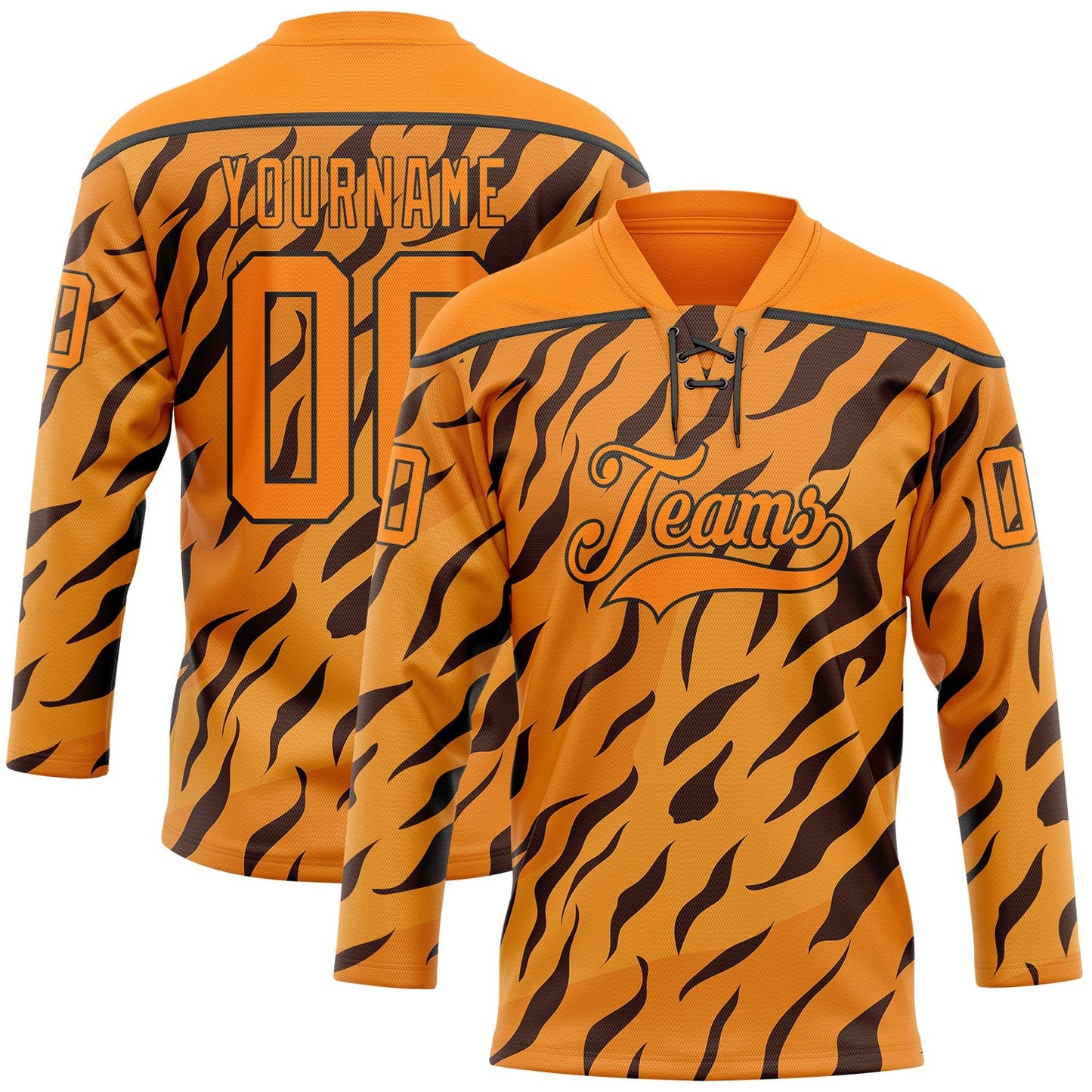Custom Bay Orange Black Tiger Print Neon Hockey Lace Neck Jersey - Main View