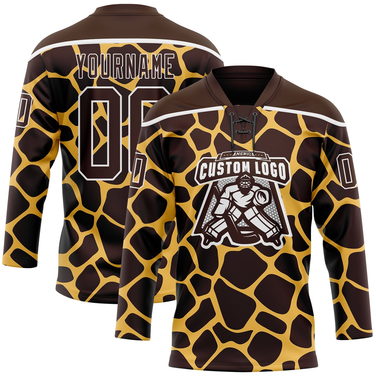 Custom Brown White Giraffe Print Neon Hockey Lace Neck Jersey view 2