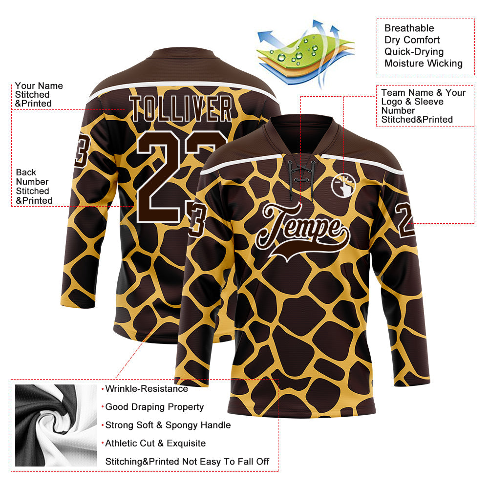 Custom Brown White Giraffe Print Neon Hockey Lace Neck Jersey view 5