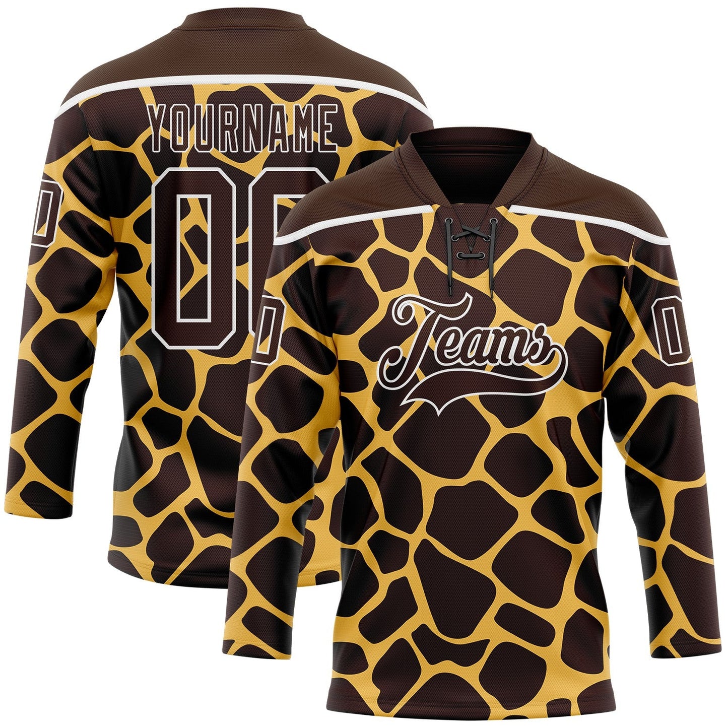 Custom Brown White Giraffe Print Neon Hockey Lace Neck Jersey - Main View