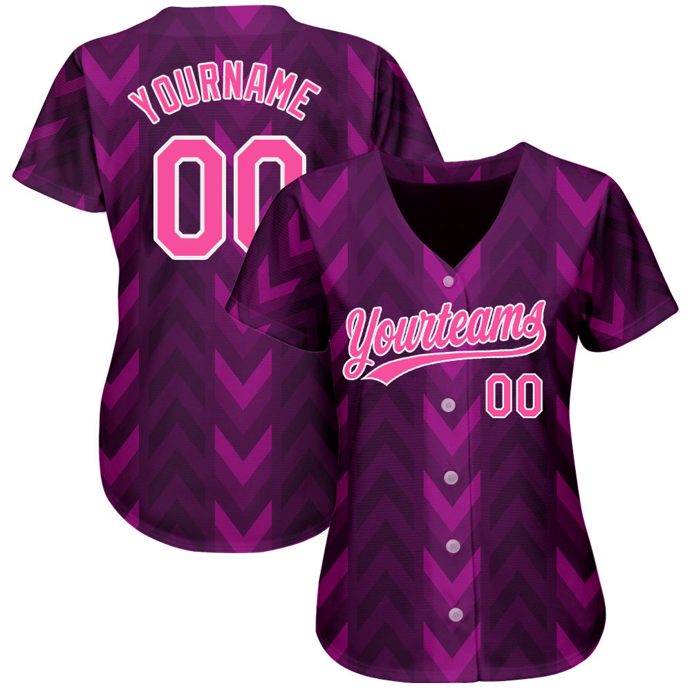 Custom Purple Pink-White 3D Pattern Design Authentic Baseball Jersey view 2