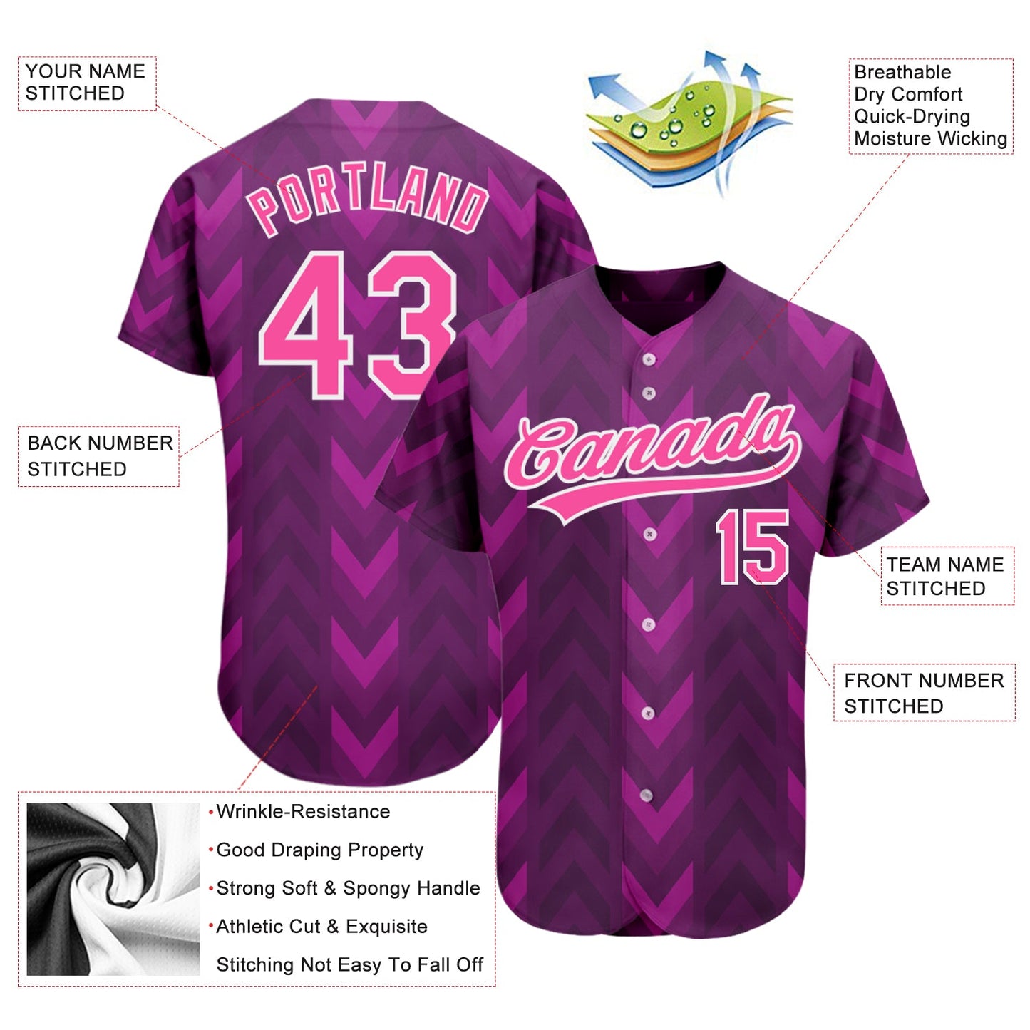 Custom Purple Pink-White 3D Pattern Design Authentic Baseball Jersey view 3