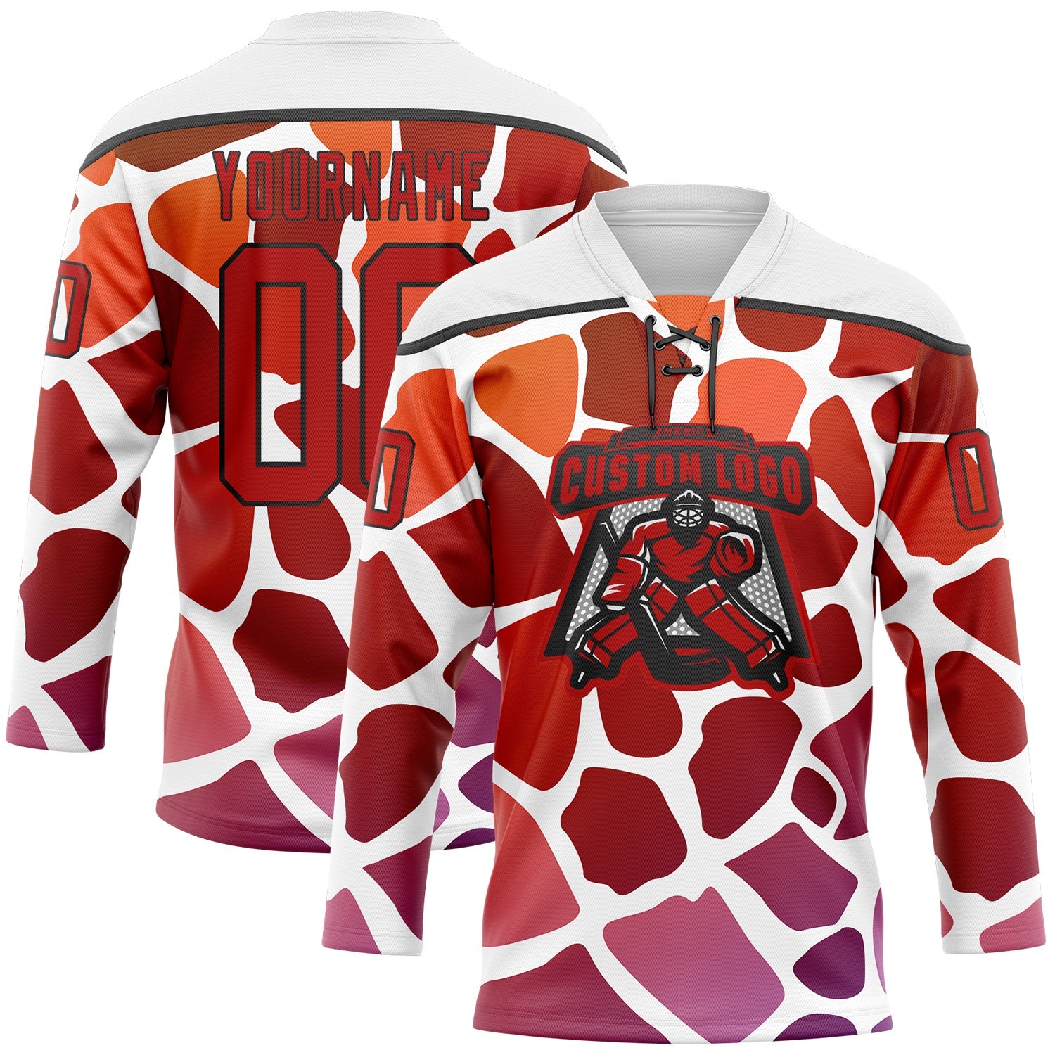 Custom White Red-Black Gradient Giraffe Print Neon Hockey Lace Neck Jersey view 2