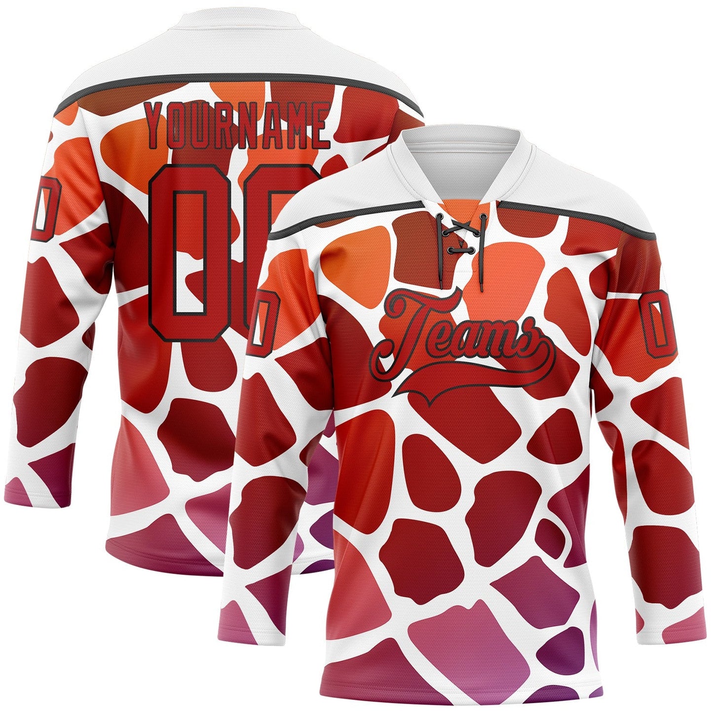 Custom White Red-Black Gradient Giraffe Print Neon Hockey Lace Neck Jersey - Main View