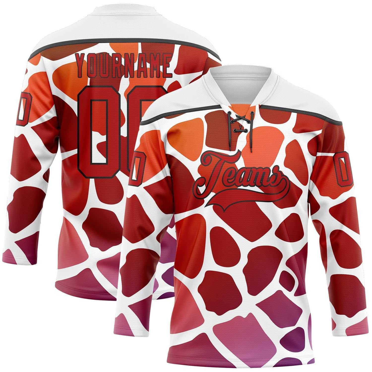 Custom White Red-Black Gradient Giraffe Print Neon Hockey Lace Neck Jersey - Main View
