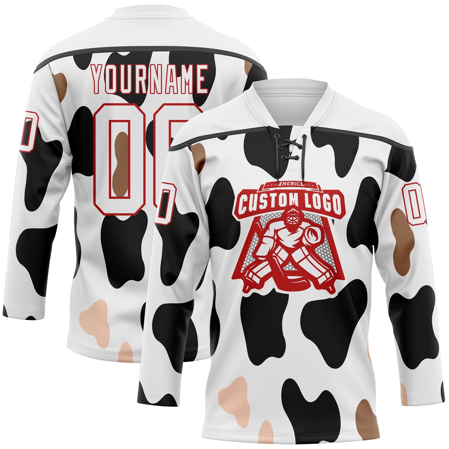Custom White Black-Red Cow Print Neon Hockey Lace Neck Jersey view 2