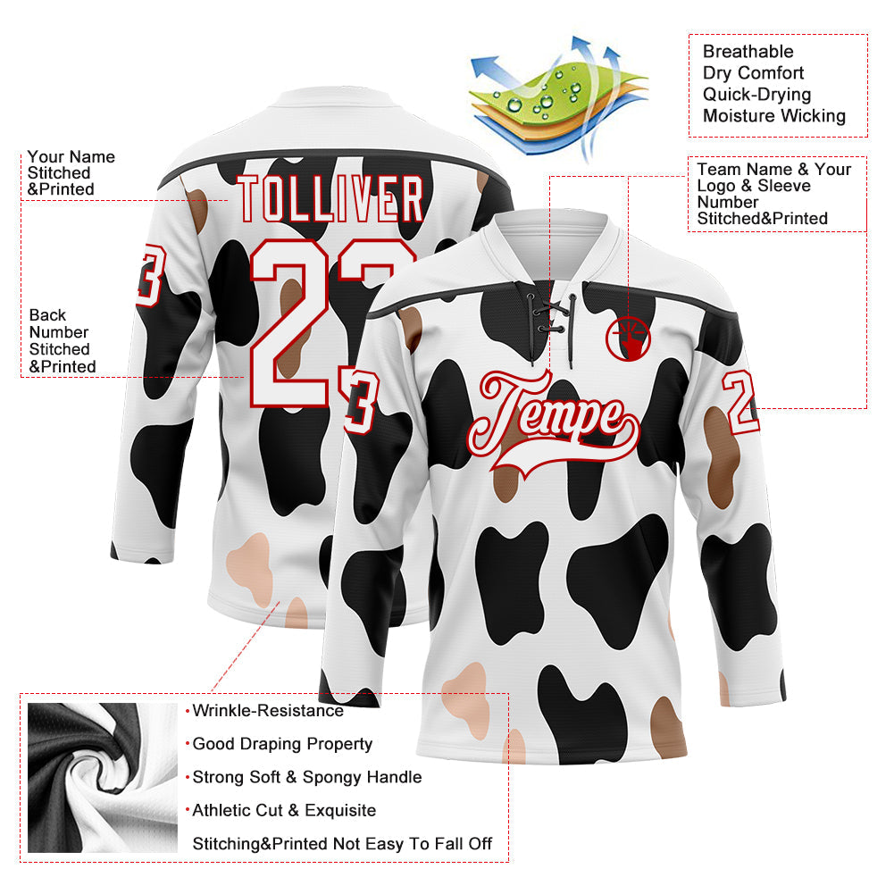 Custom White Black-Red Cow Print Neon Hockey Lace Neck Jersey view 5