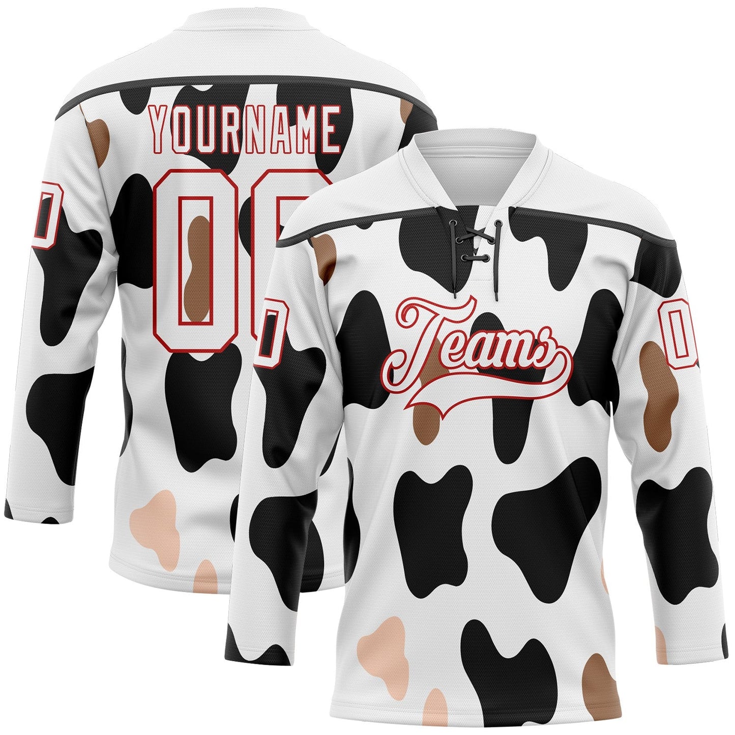 Custom White Black-Red Cow Print Neon Hockey Lace Neck Jersey - Main View