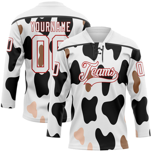 Custom White Black-Red Cow Print Neon Hockey Lace Neck Jersey - Main View