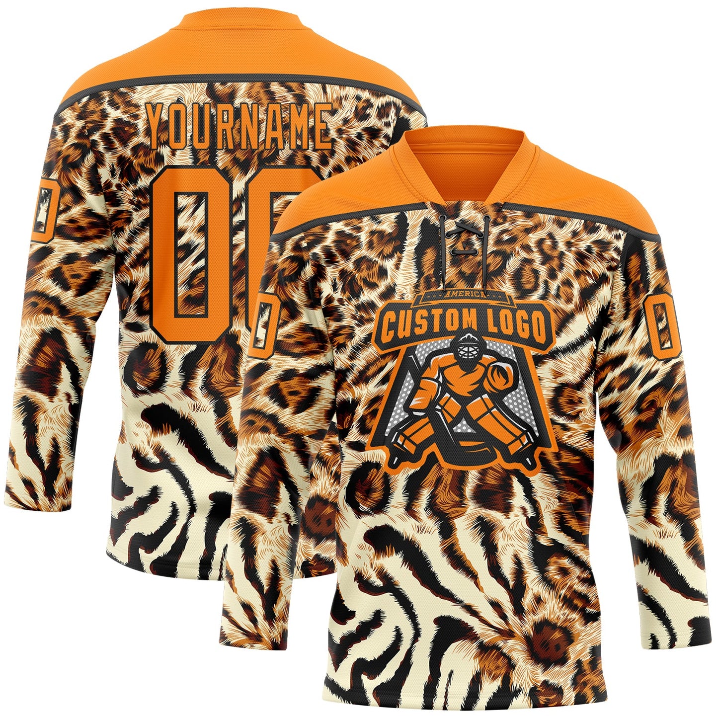 Custom Cream Bay Orange-Black Leopard Print Neon Hockey Lace Neck Jersey view 2