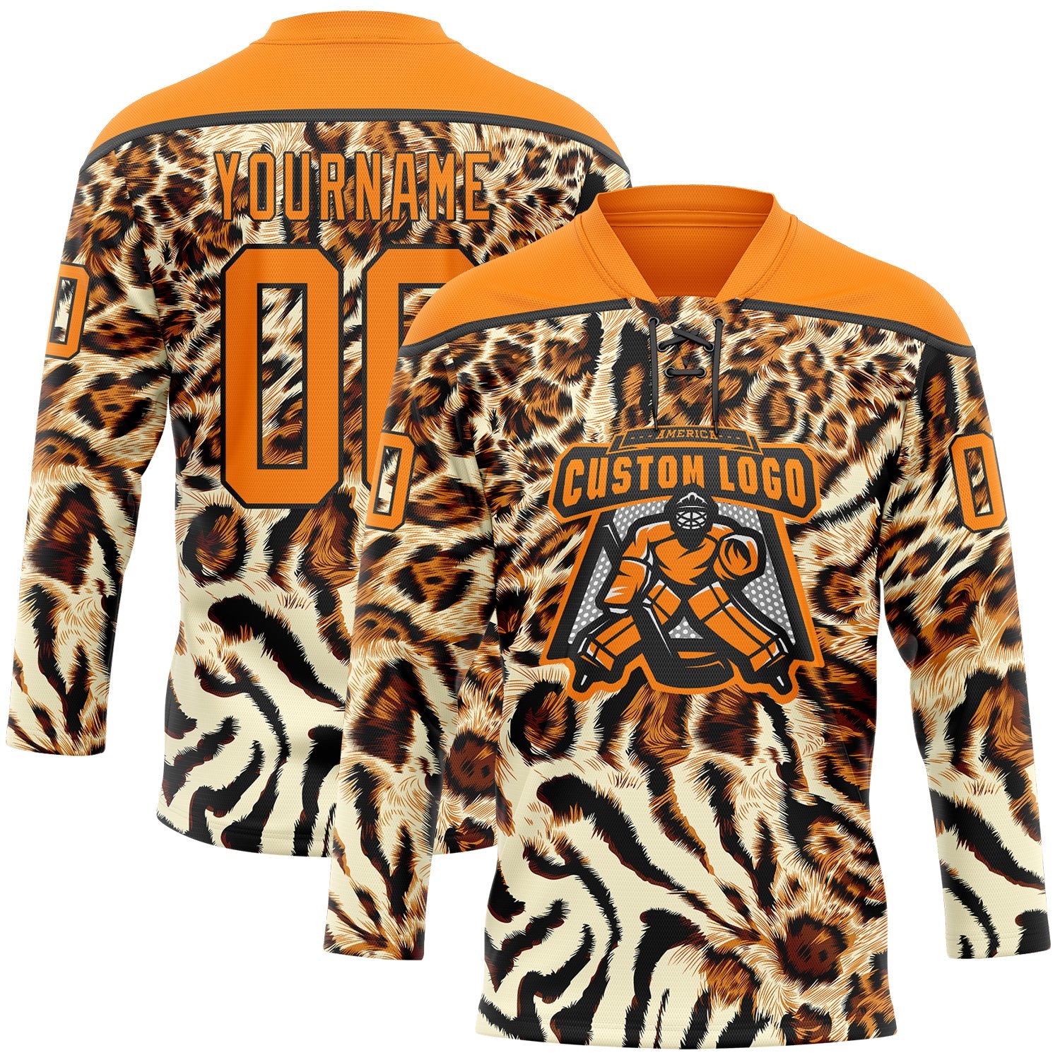 Custom Cream Bay Orange-Black Leopard Print Neon Hockey Lace Neck Jersey view 2
