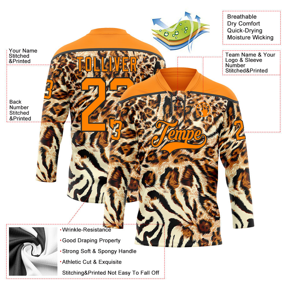 Custom Cream Bay Orange-Black Leopard Print Neon Hockey Lace Neck Jersey view 5
