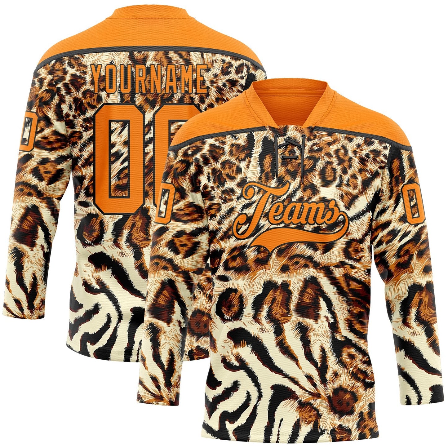 Custom Cream Bay Orange-Black Leopard Print Neon Hockey Lace Neck Jersey - Main View