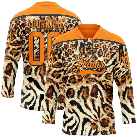 Custom Cream Bay Orange-Black Leopard Print Neon Hockey Lace Neck Jersey - Main View