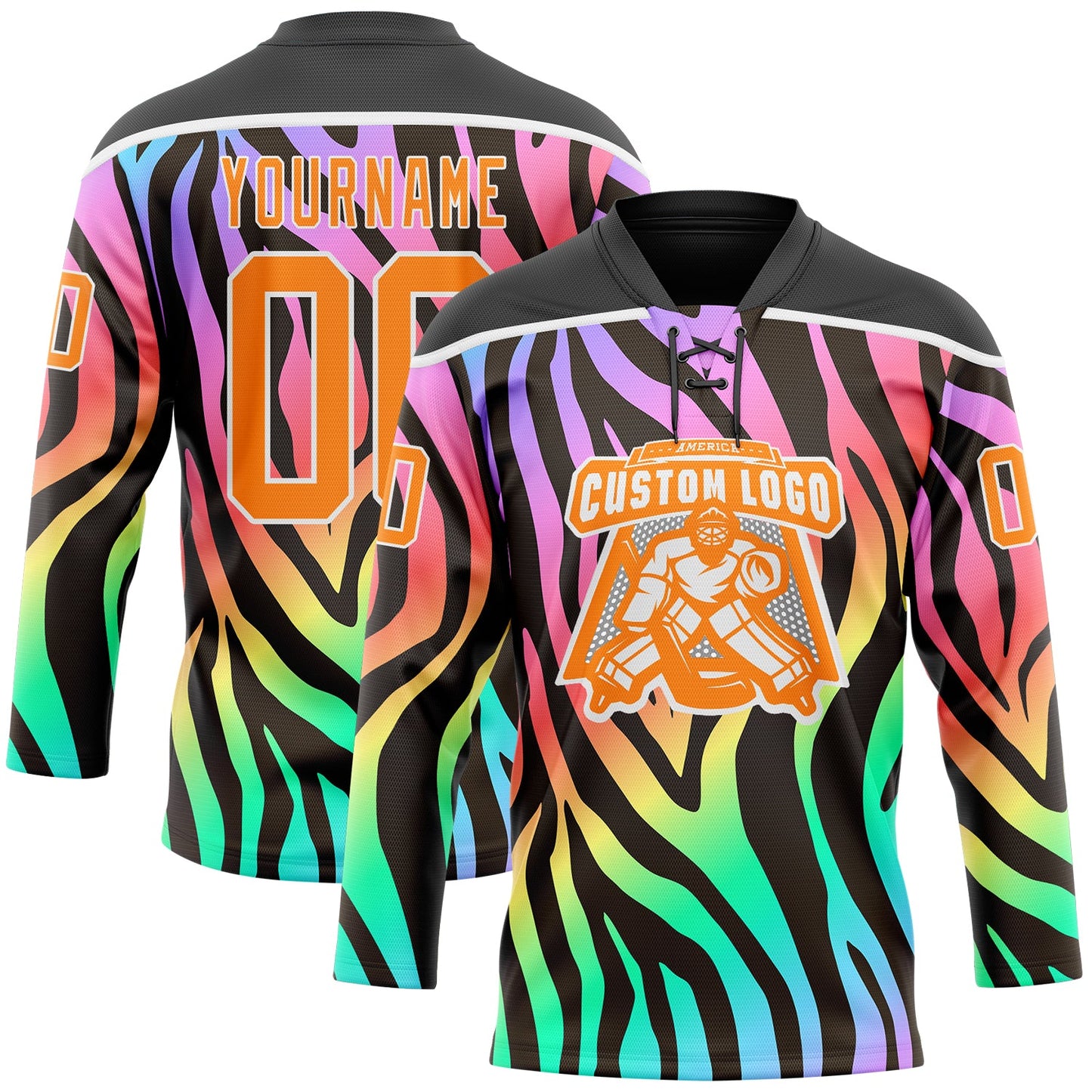 Custom Black Bay Orange Purple Pink Green-White Zebra Print Neon Hockey Lace Neck Jersey view 2