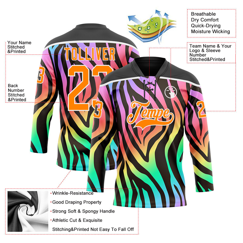 Custom Black Bay Orange Purple Pink Green-White Zebra Print Neon Hockey Lace Neck Jersey view 5