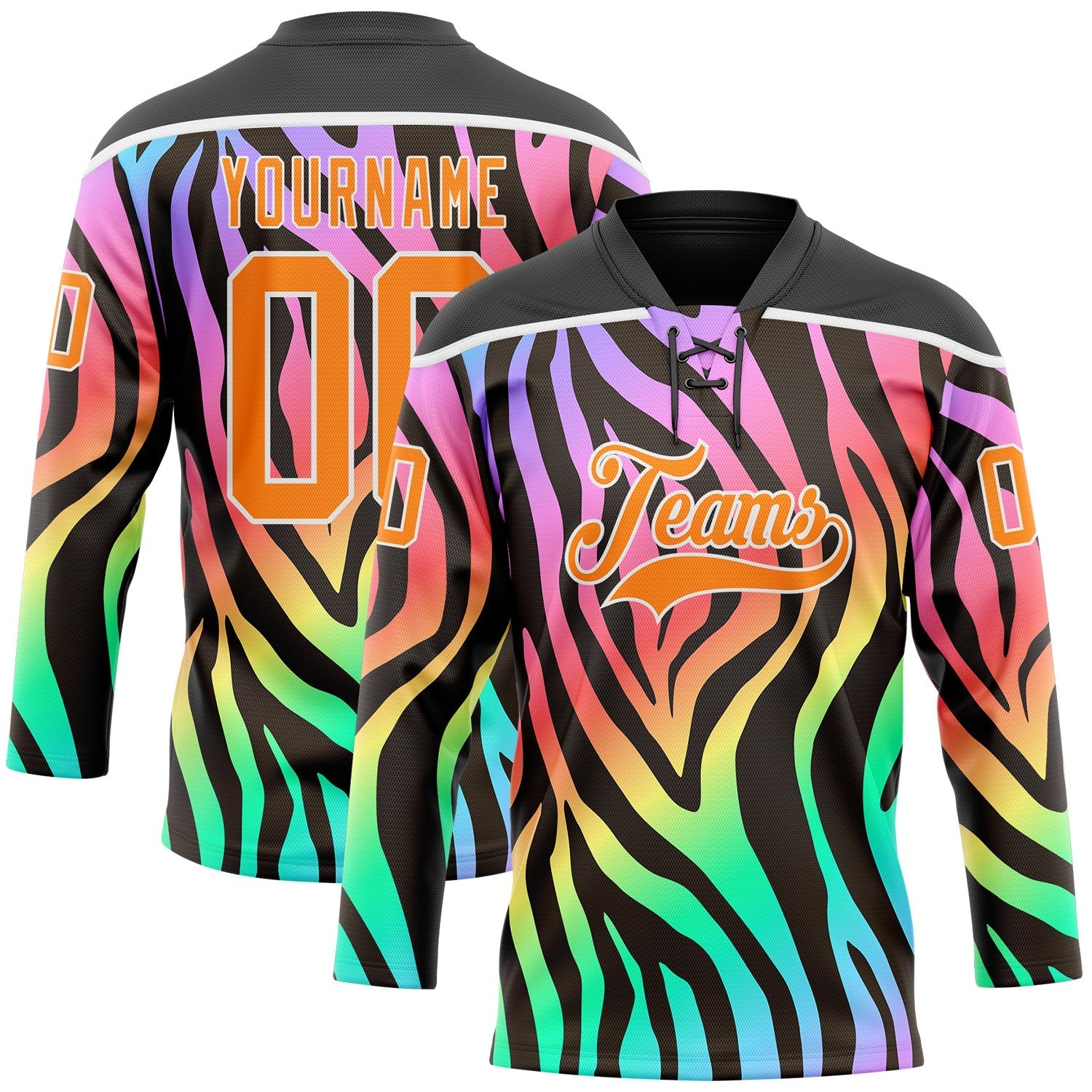 Custom Black Bay Orange Purple Pink Green-White Zebra Print Neon Hockey Lace Neck Jersey - Main View