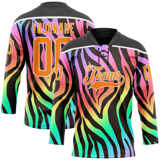 Custom Black Bay Orange Purple Pink Green-White Zebra Print Neon Hockey Lace Neck Jersey - Main View