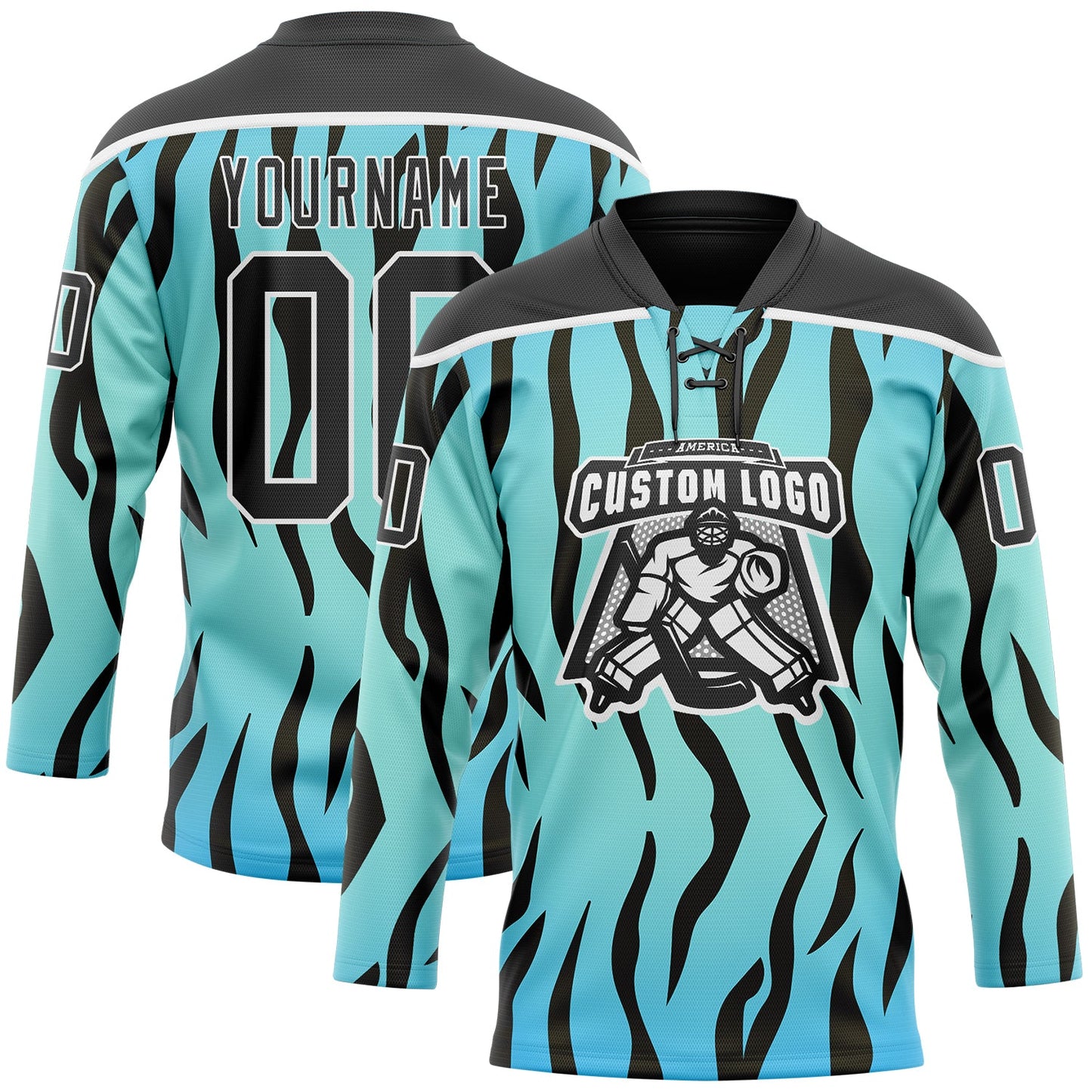 Custom Blue Black-White Tiger Print Hockey Lace Neck Jersey view 2