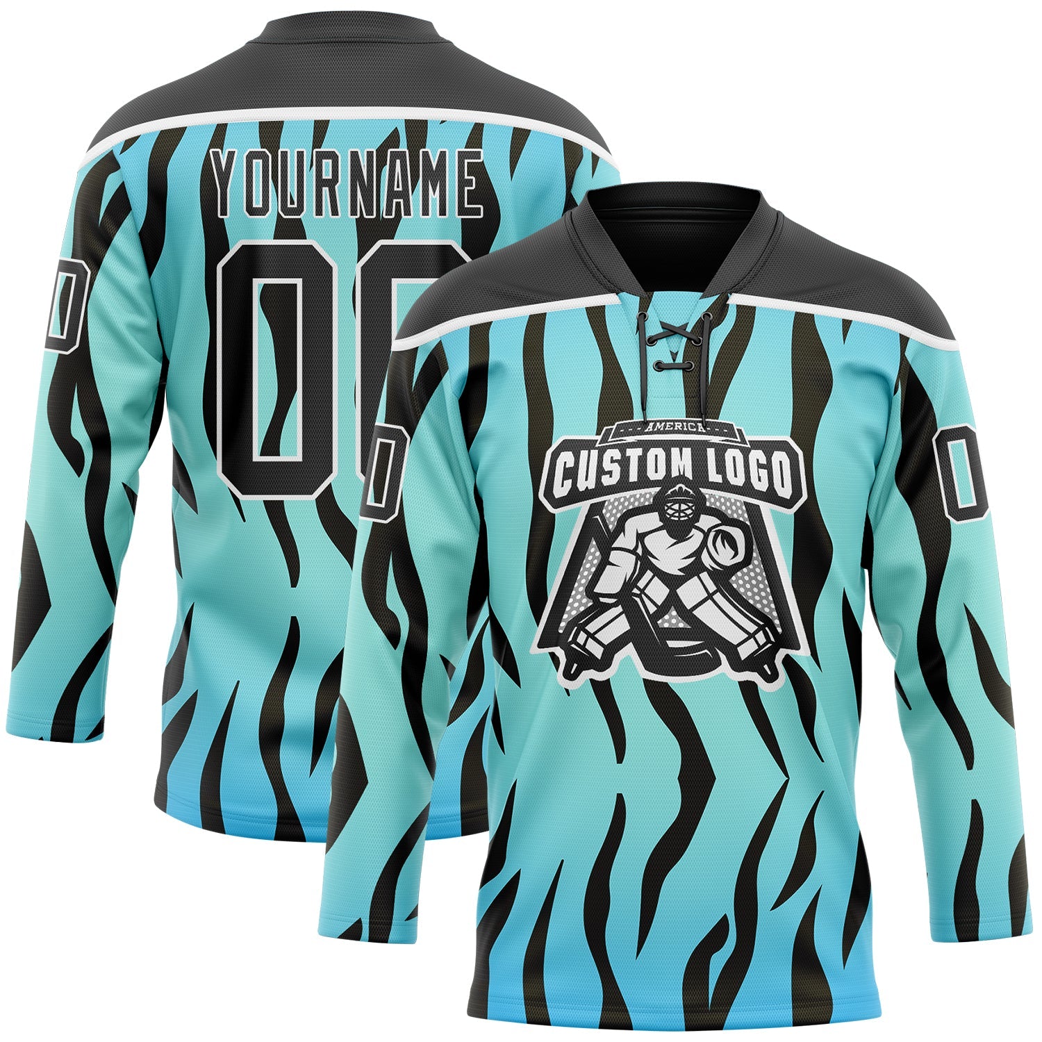 Custom Blue Black-White Tiger Print Hockey Lace Neck Jersey view 2