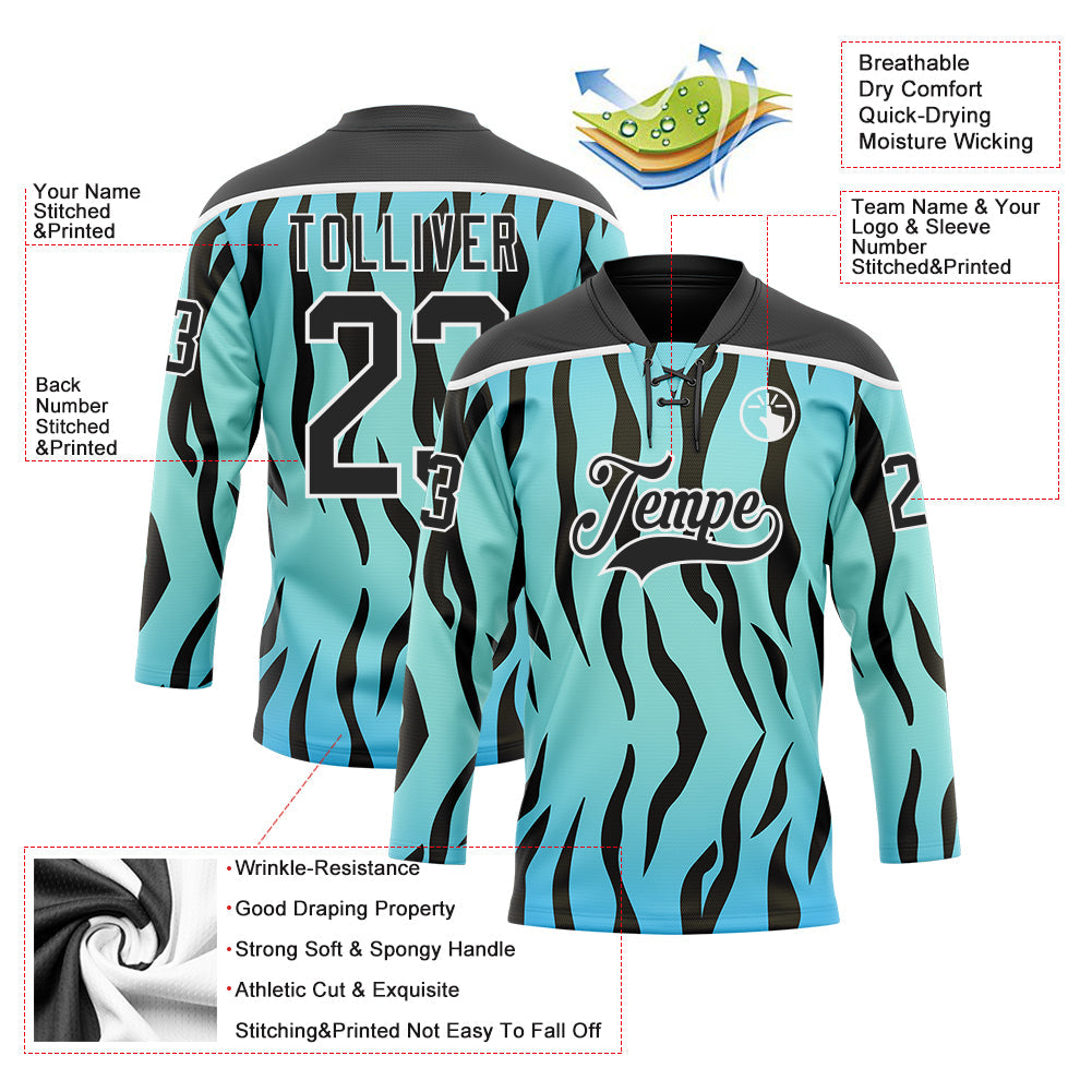 Custom Blue Black-White Tiger Print Hockey Lace Neck Jersey view 5