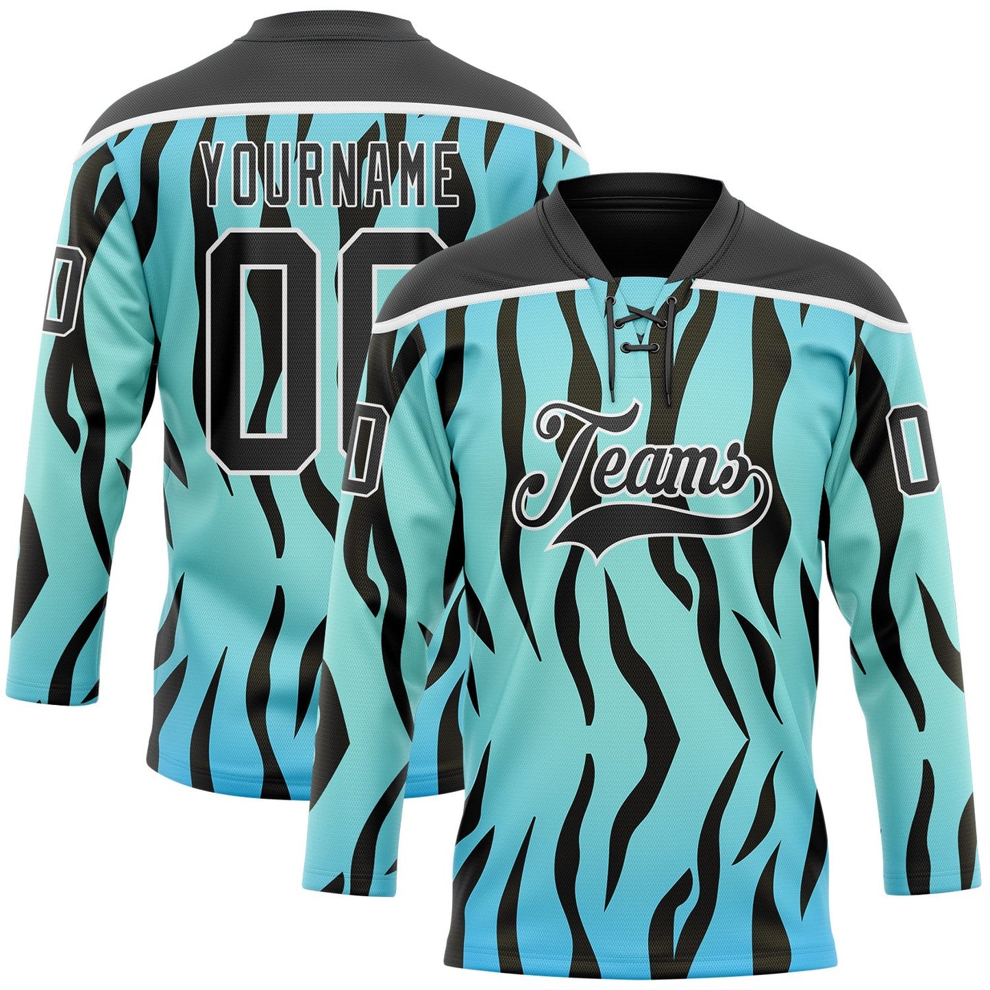 Custom Blue Black-White Tiger Print Hockey Lace Neck Jersey - Main View