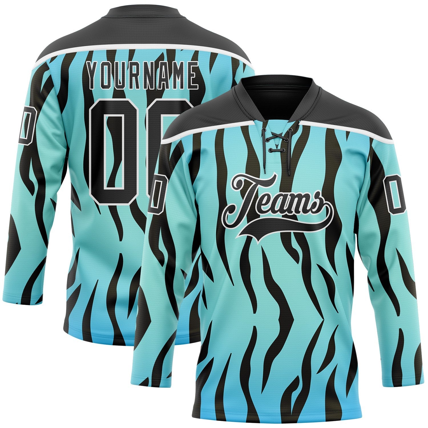 Custom Blue Black-White Tiger Print Hockey Lace Neck Jersey - Main View