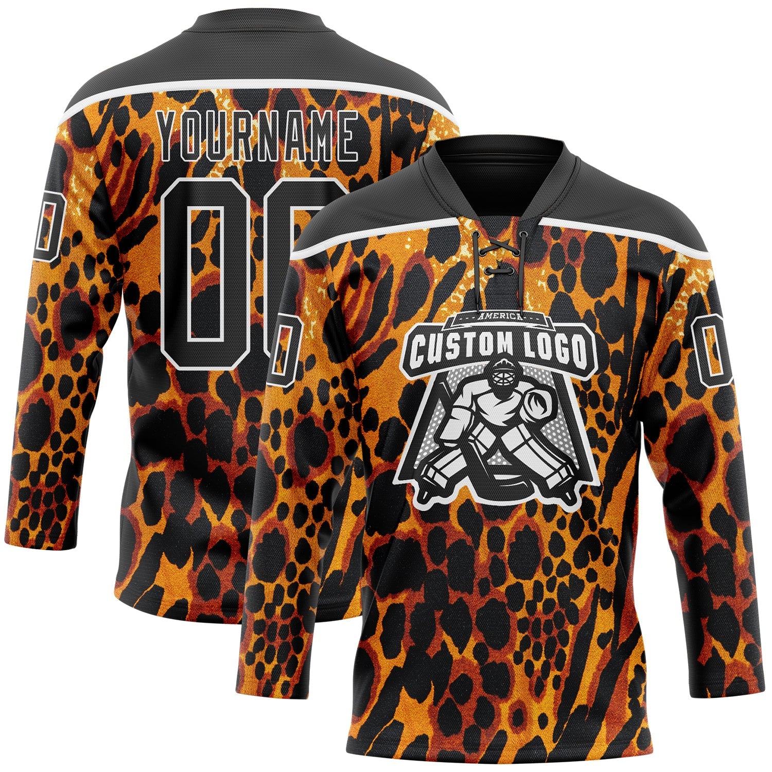 Custom Orange Black-White Leopard Print Hockey Lace Neck Jersey view 2