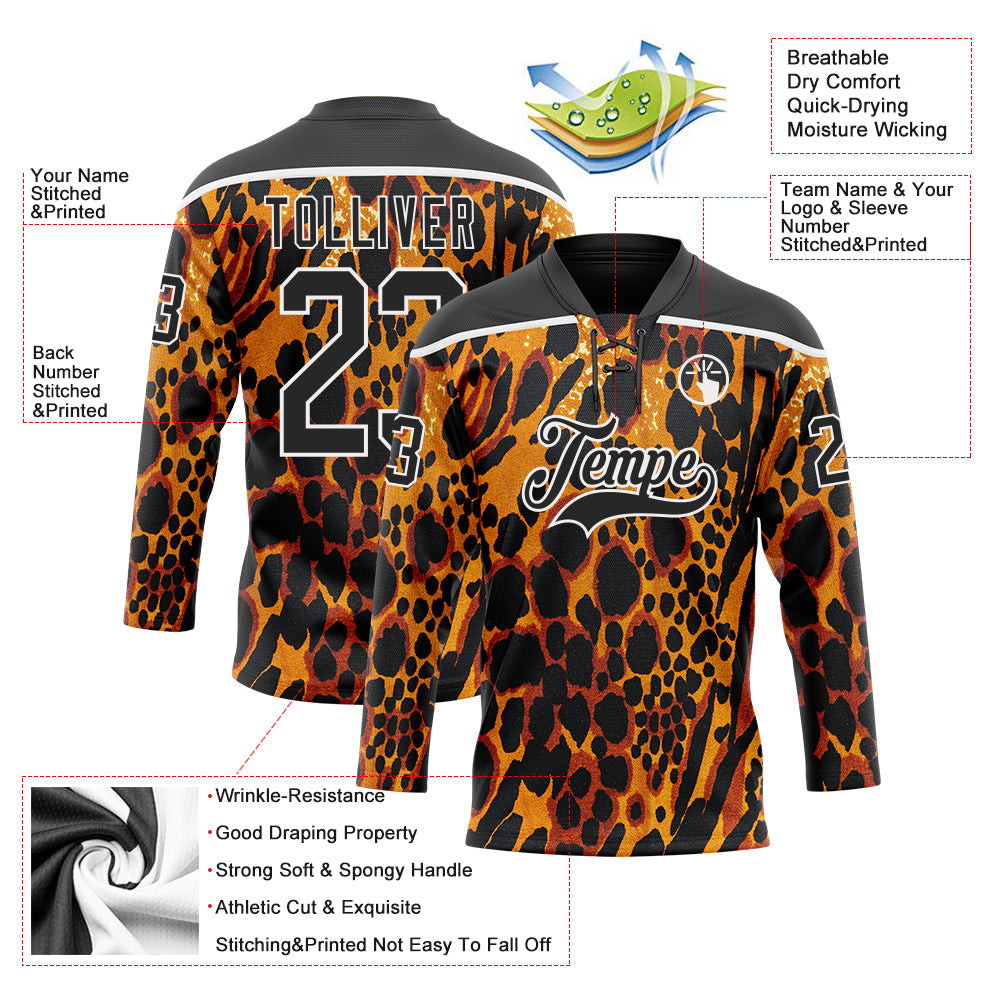 Custom Orange Black-White Leopard Print Hockey Lace Neck Jersey view 5