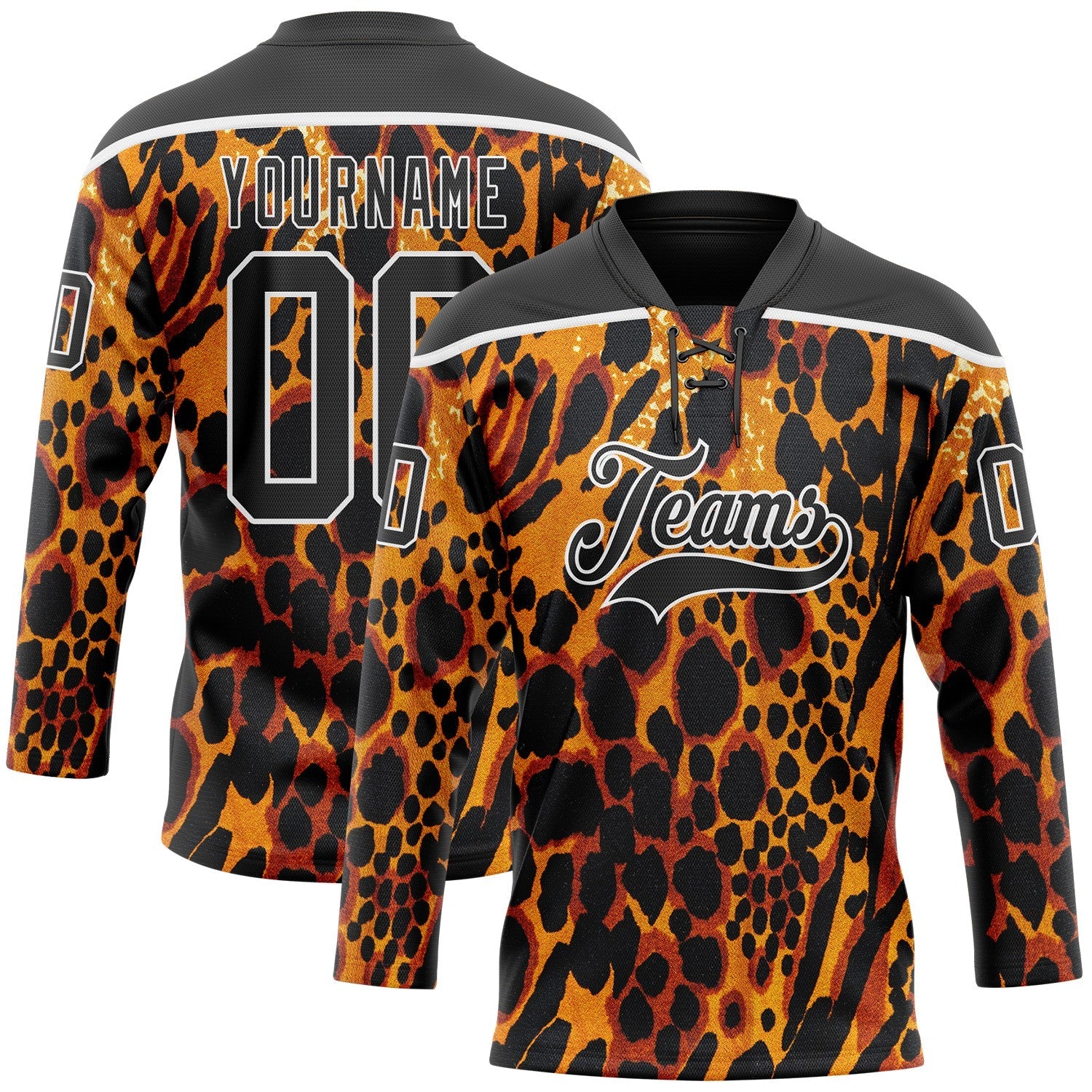 Custom Orange Black-White Leopard Print Hockey Lace Neck Jersey - Main View