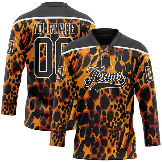 Custom Orange Black-White Leopard Print Hockey Lace Neck Jersey - Main View