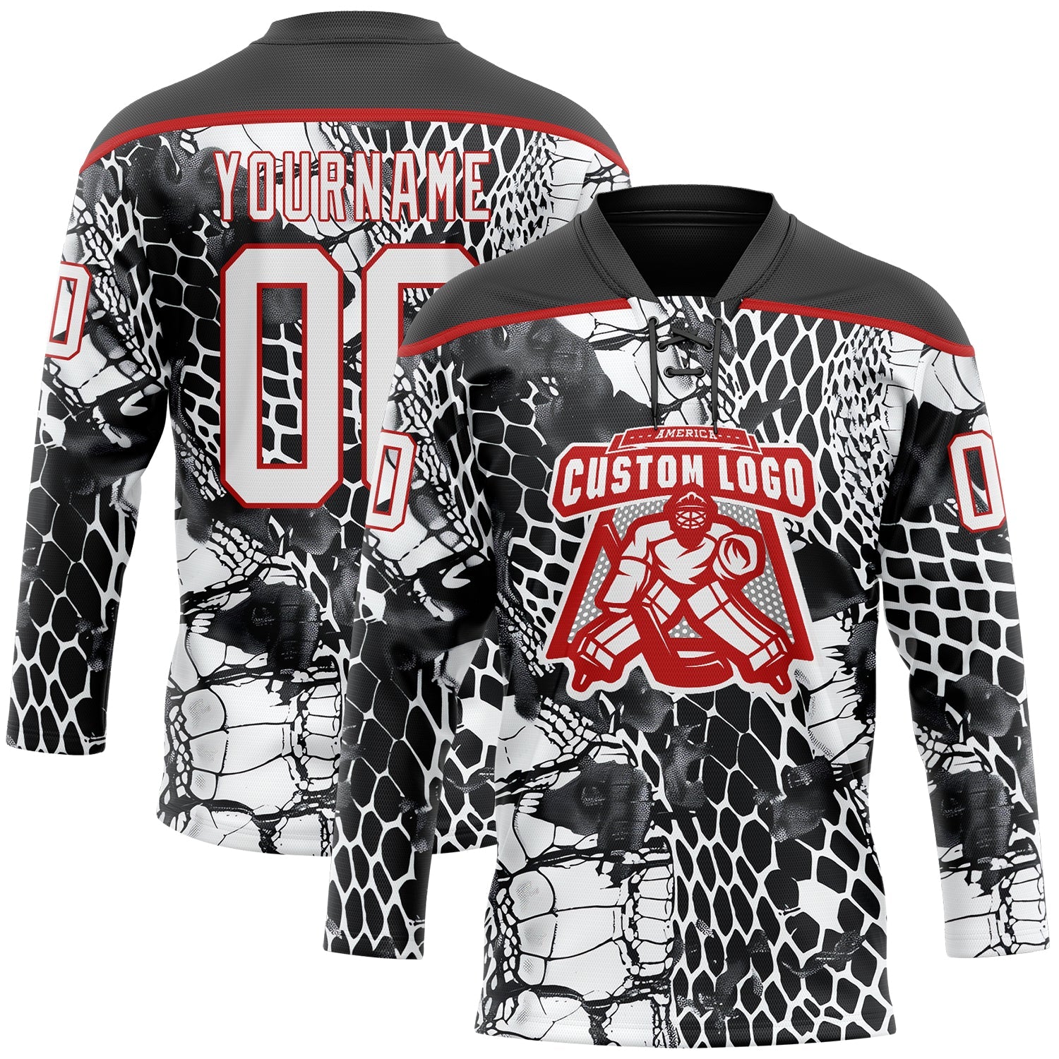 Custom Black White-Red Snake Skin Print Hockey Lace Neck Jersey view 2
