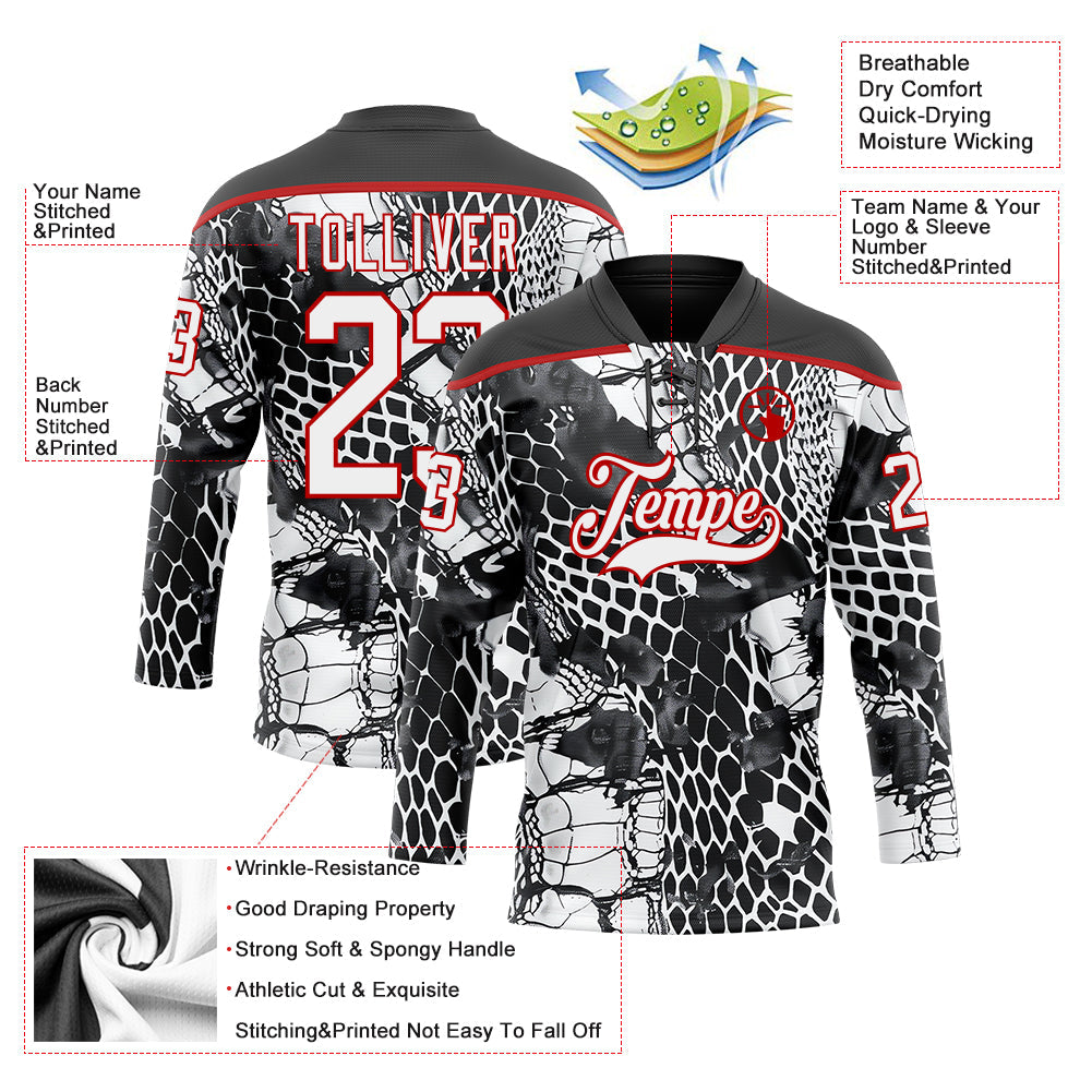 Custom Black White-Red Snake Skin Print Hockey Lace Neck Jersey view 5