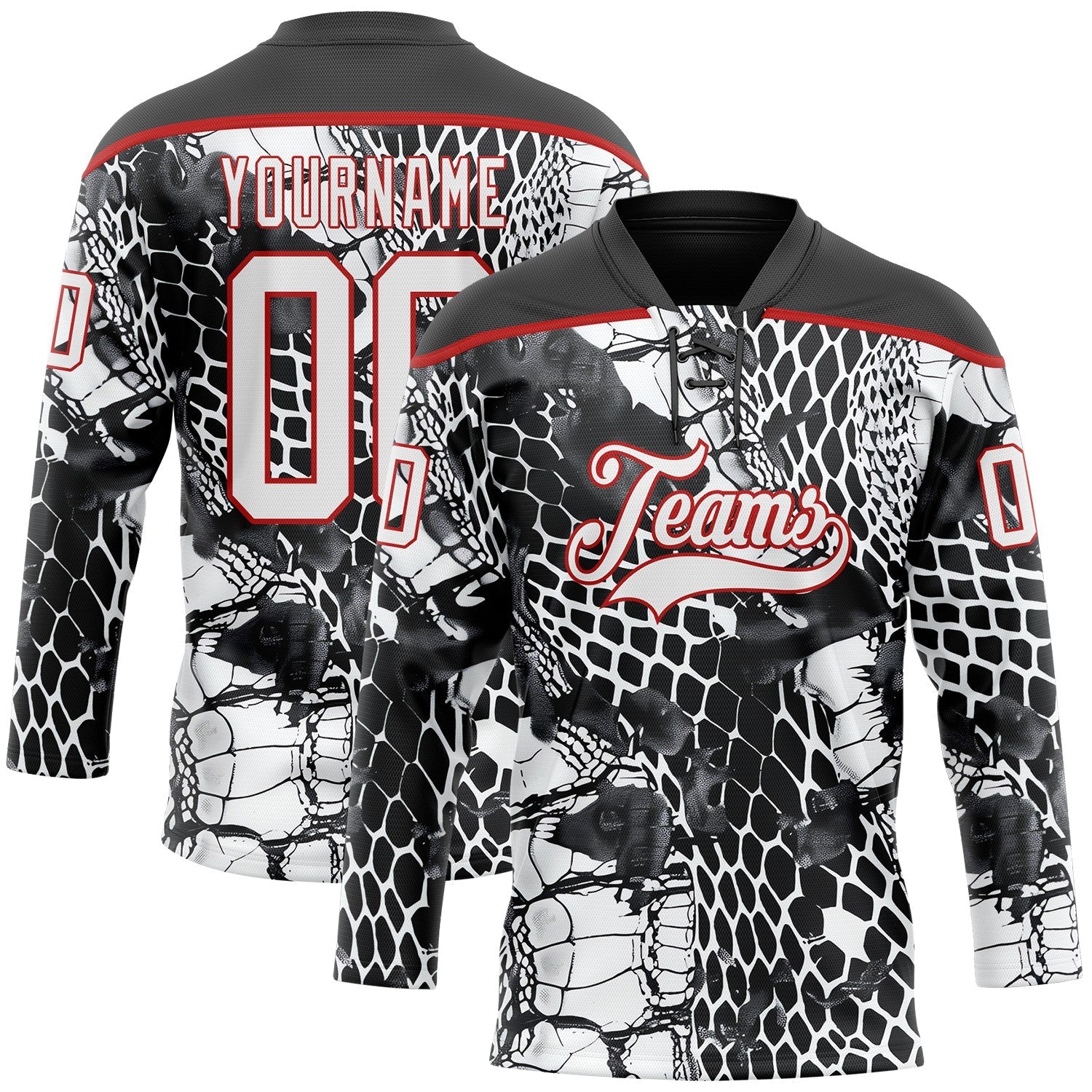 Custom Black White-Red Snake Skin Print Hockey Lace Neck Jersey - Main View