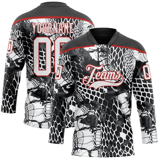 Custom Black White-Red Snake Skin Print Hockey Lace Neck Jersey - Main View