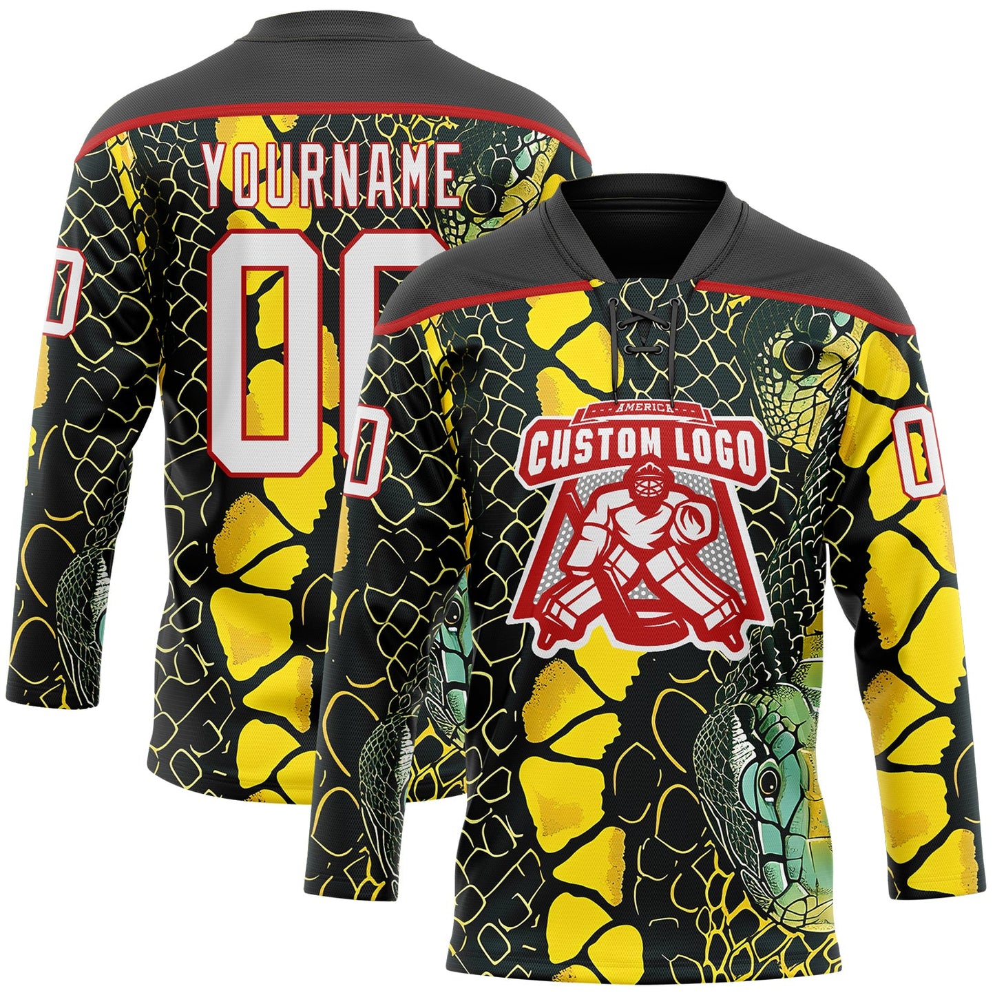 Custom Black White Yellow-Red Snake Skin Print Hockey Lace Neck Jersey view 2